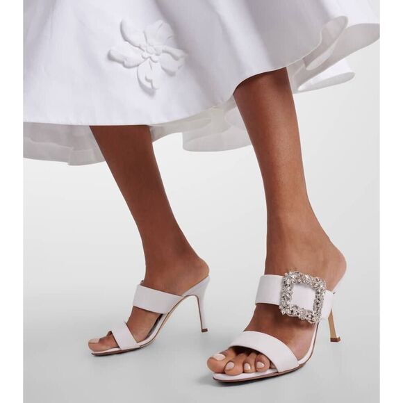 MANOLO BLAHNIK Gable 90 buckled crepe de chine mules cream 38 - Picture 1 of 12